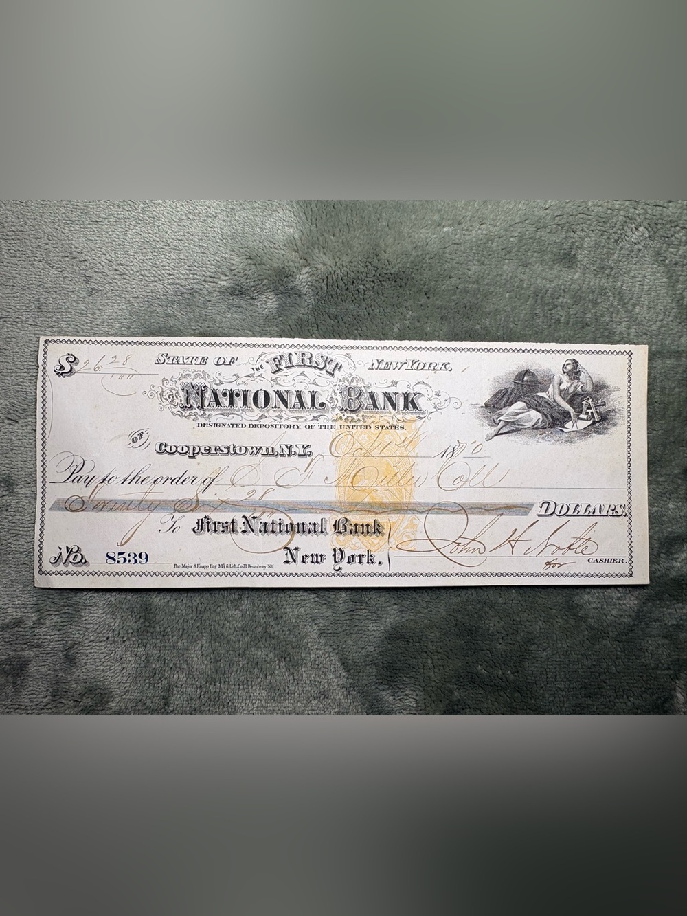1870 First National Bank Cooperstown NY antique bank check No. 8539
